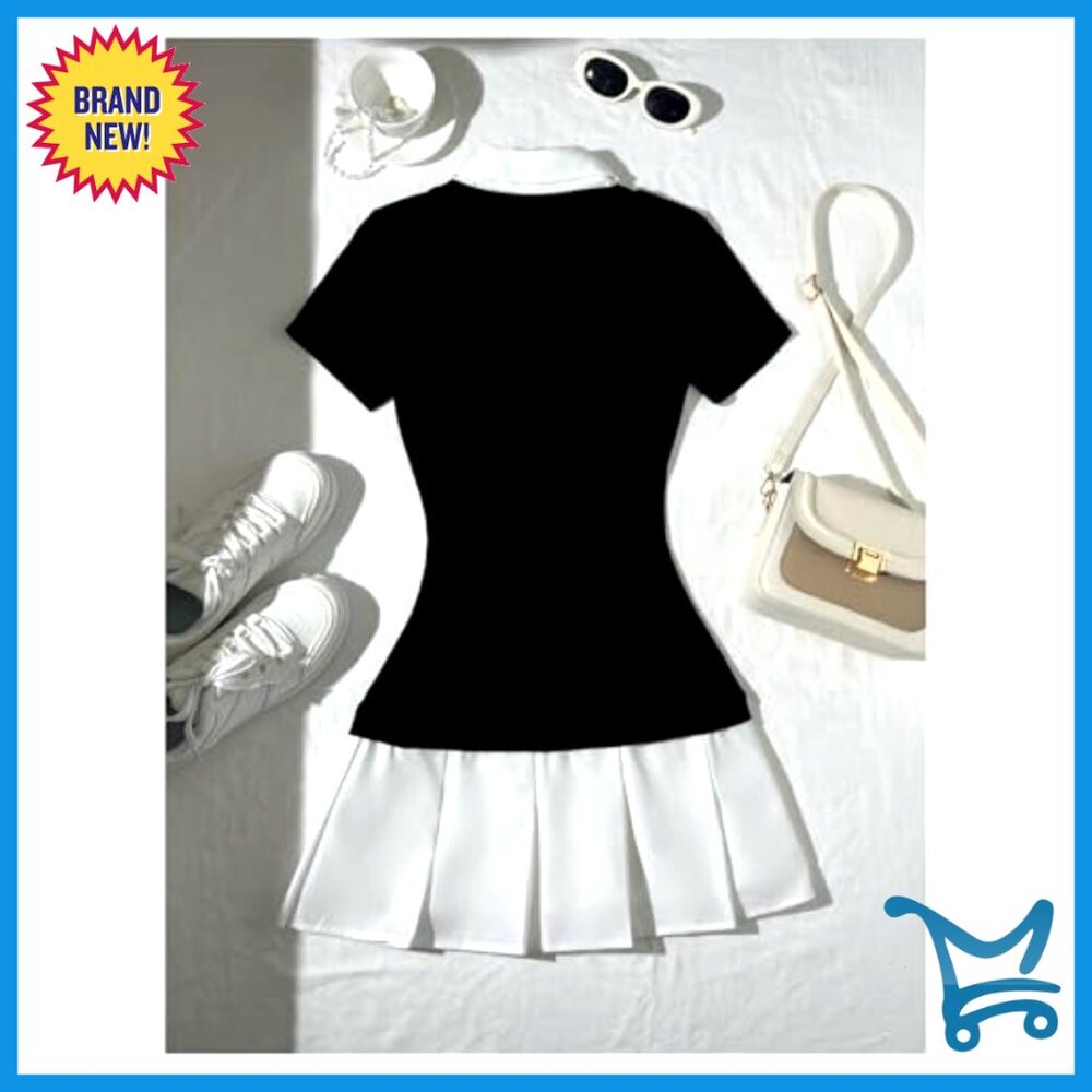 Pleated A-Line Mini Dress Short Sleeve Fitted Collar Office Work Dress - Picture 2 of 6